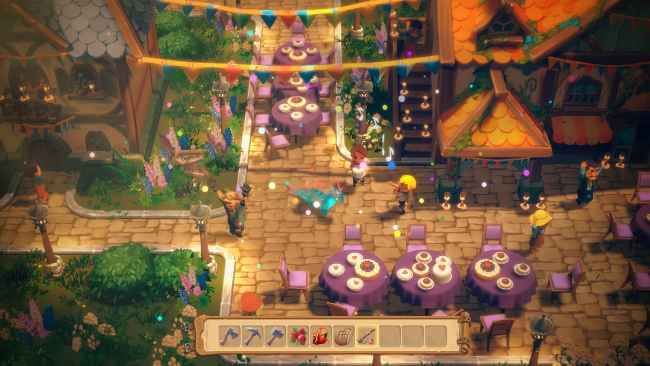 Festival du village de Dragon Shelter avec banderoles, gâteaux, habitants et un dragon d'eau sur la place